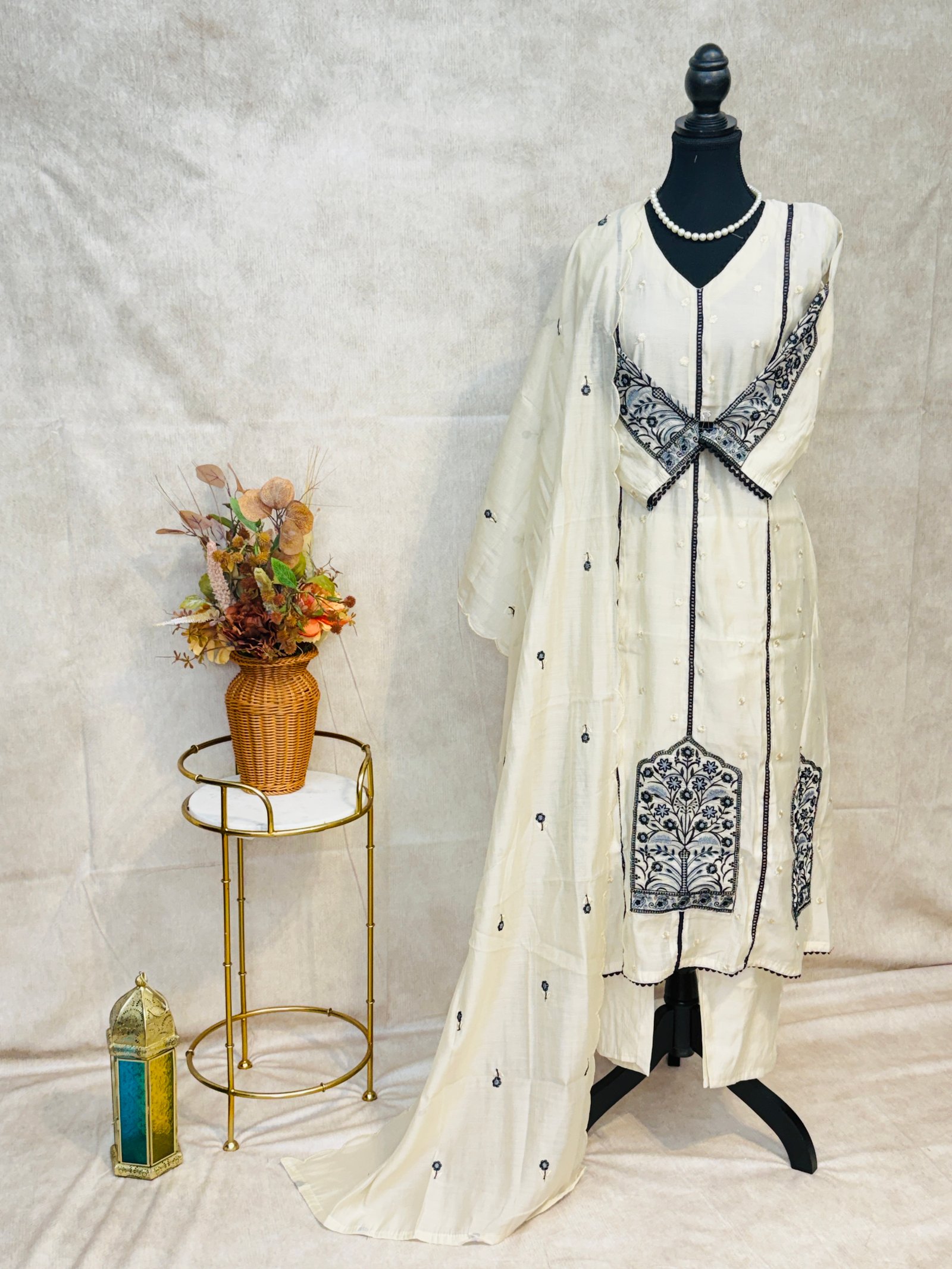 Ivory Cream & Black Embroidered 3-Piece Suit Set